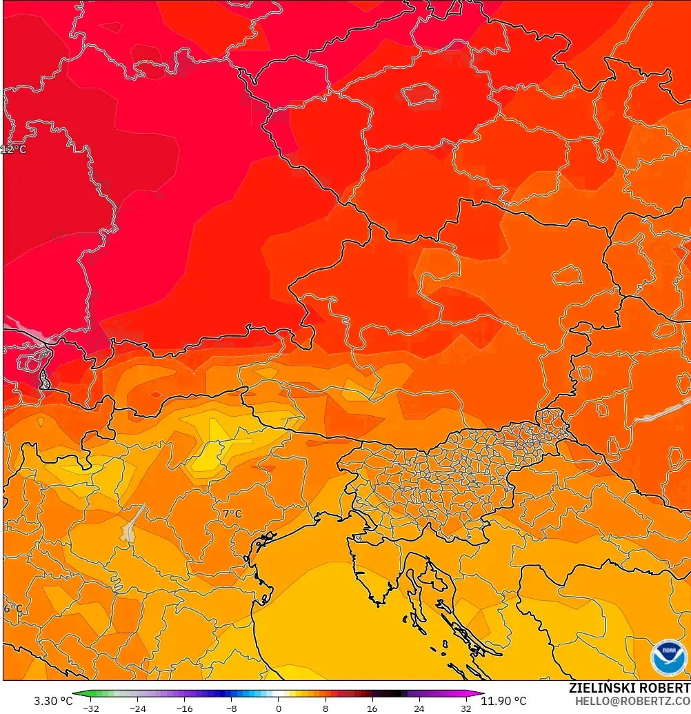 GFS model - Austria, Temperature at 850hPa Anomaly