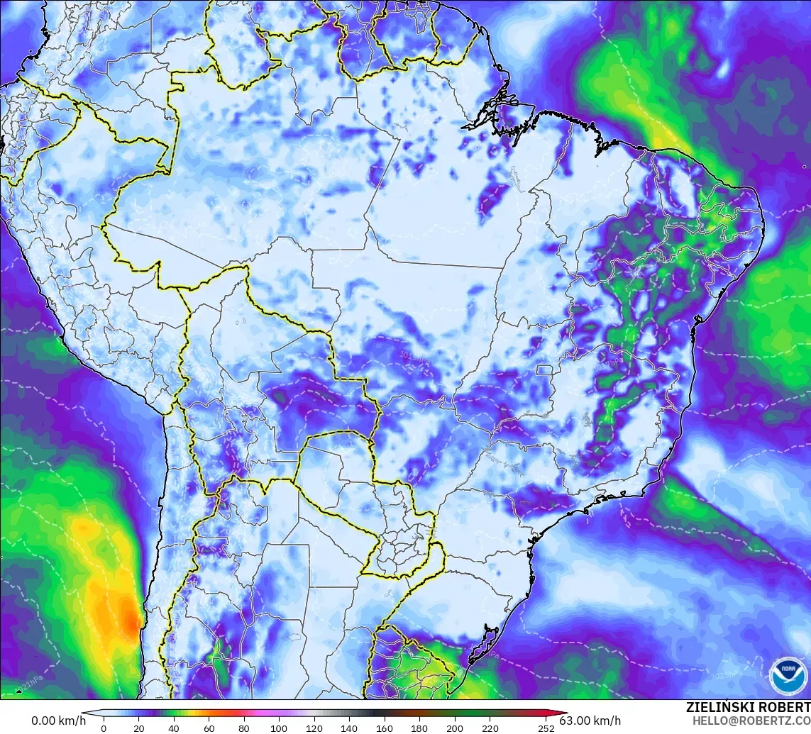 GFS model - Brazil, Wind Gusts Peak