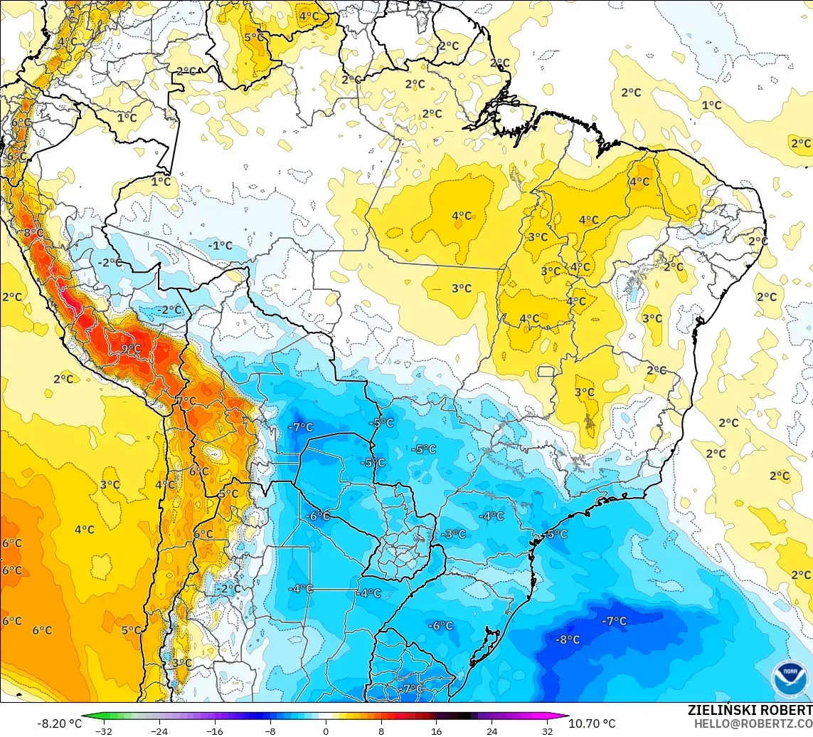 GFS model - Brazil, Temperature at 850hPa Anomaly