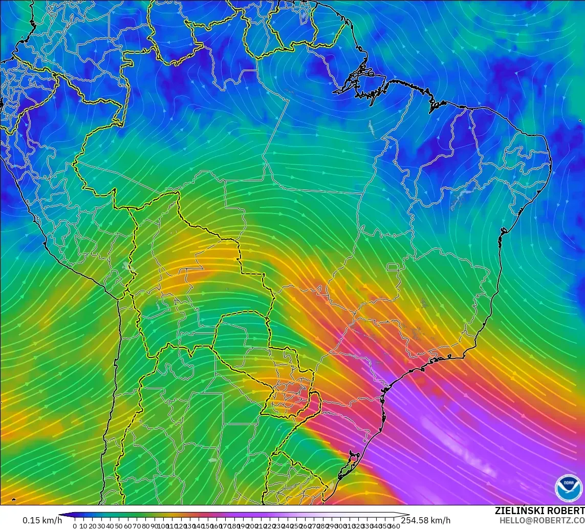 GFS model - Brazil, Wind at 300hPa (jet stream)