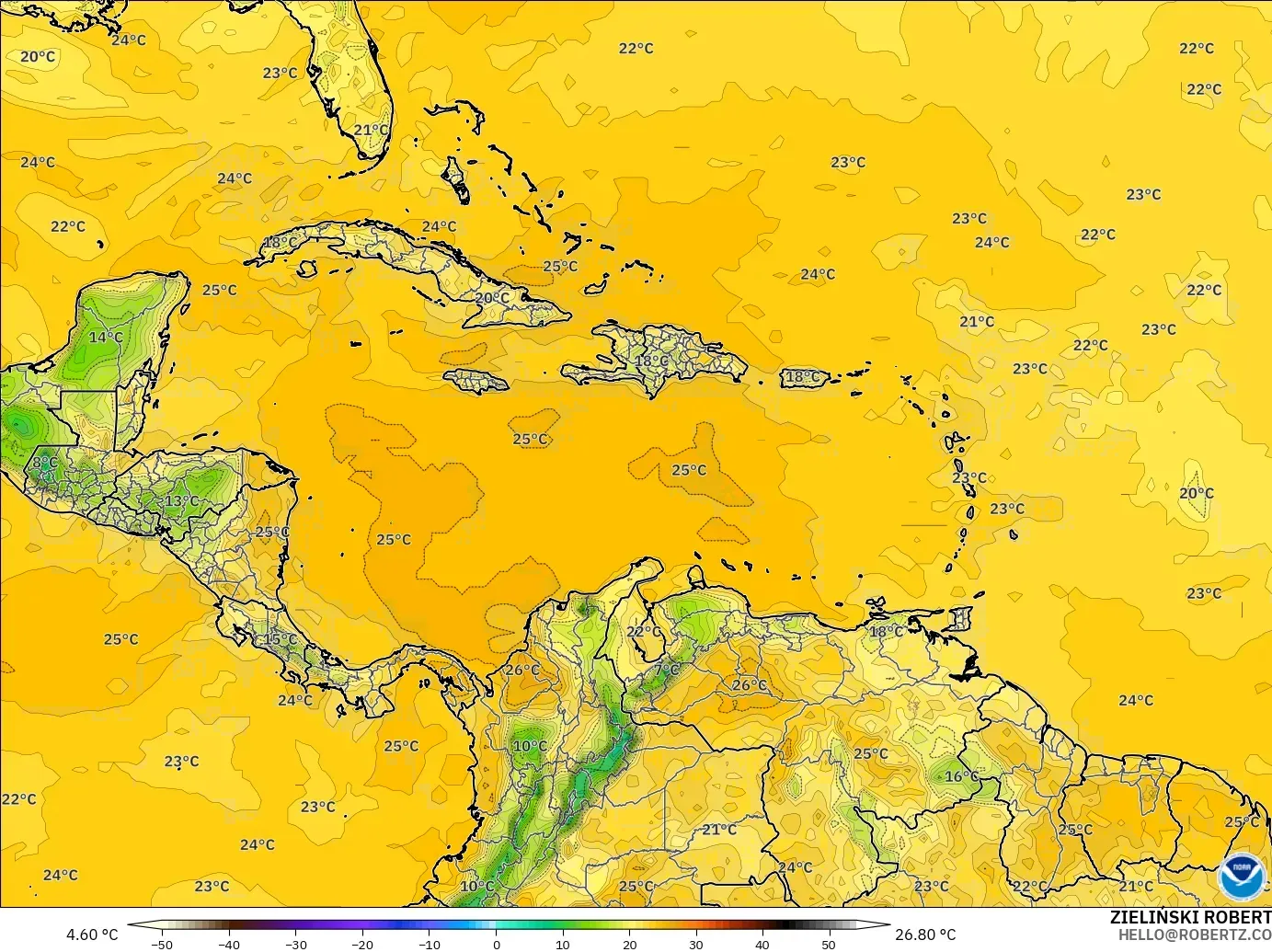 GFS model - Caribbean, Dewpoint at 2m