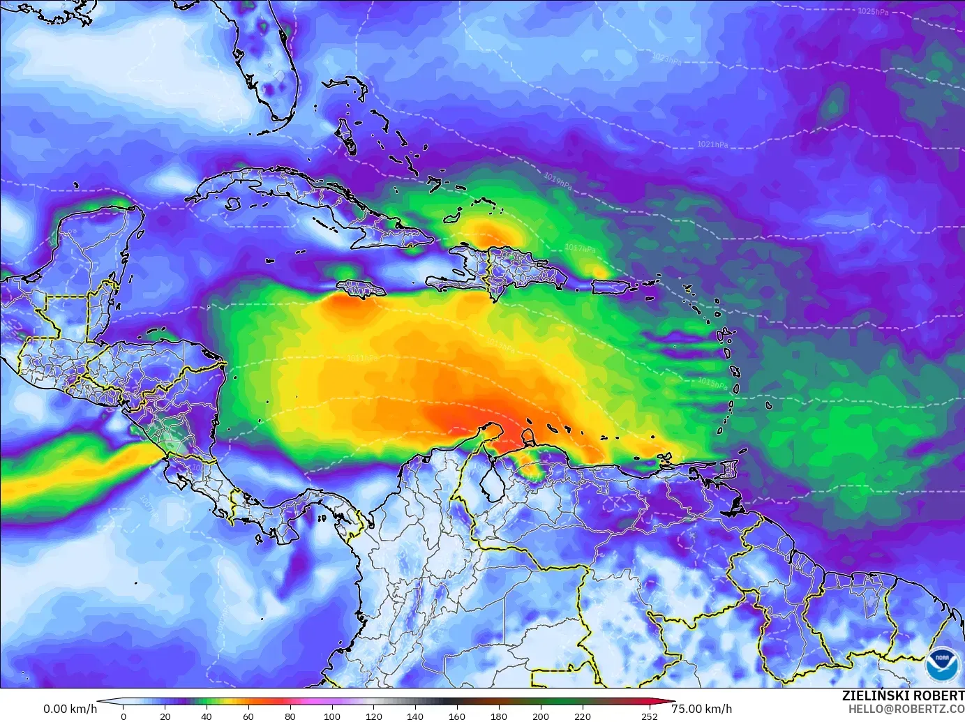 GFS model - Caribbean, Wind Gusts