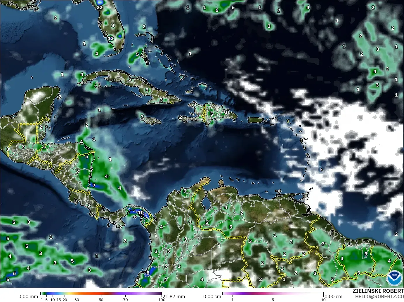 GFS model - Caribbean, Precipitation, Clouds, and Pressure
