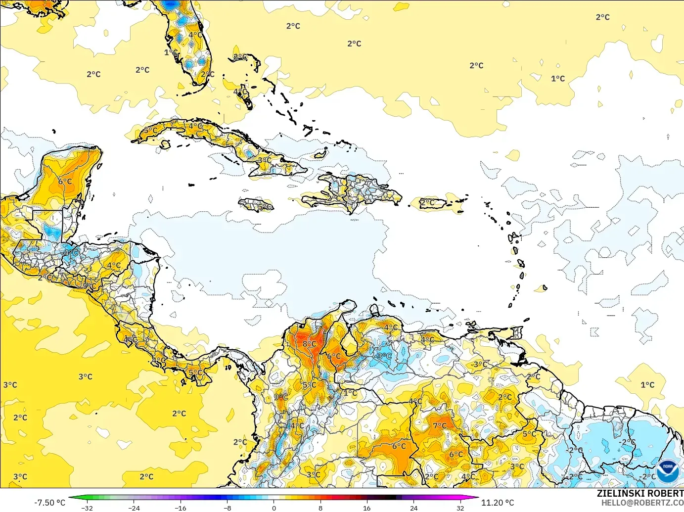 GFS model - Caribbean, Temperature at 2m Anomaly