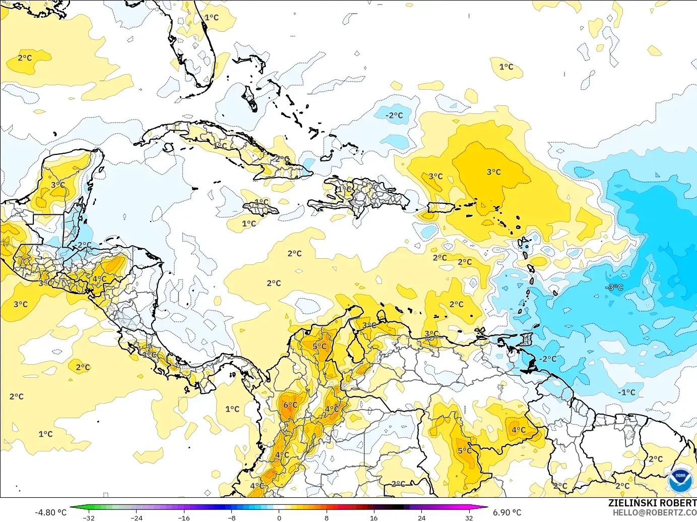 GFS model - Caribbean, Temperature at 850hPa Anomaly