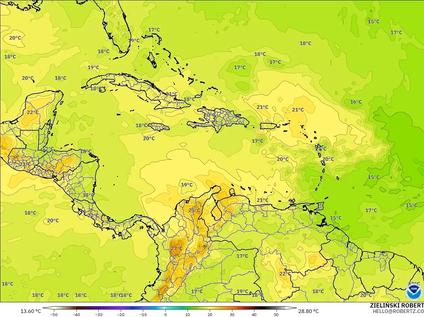 GFS model - Caribbean, Temperature at 850hPa