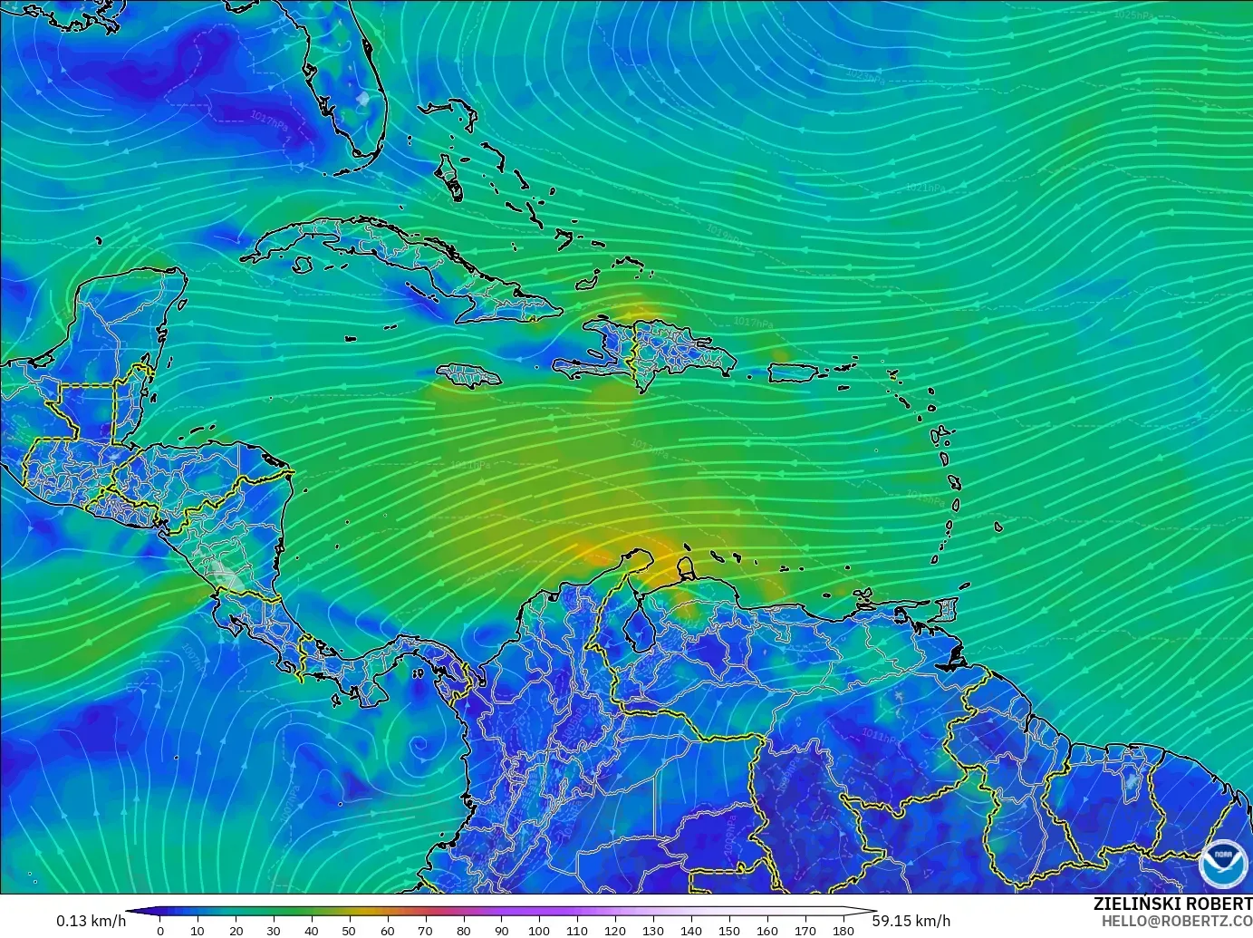 GFS model - Caribbean, Wind at 10m