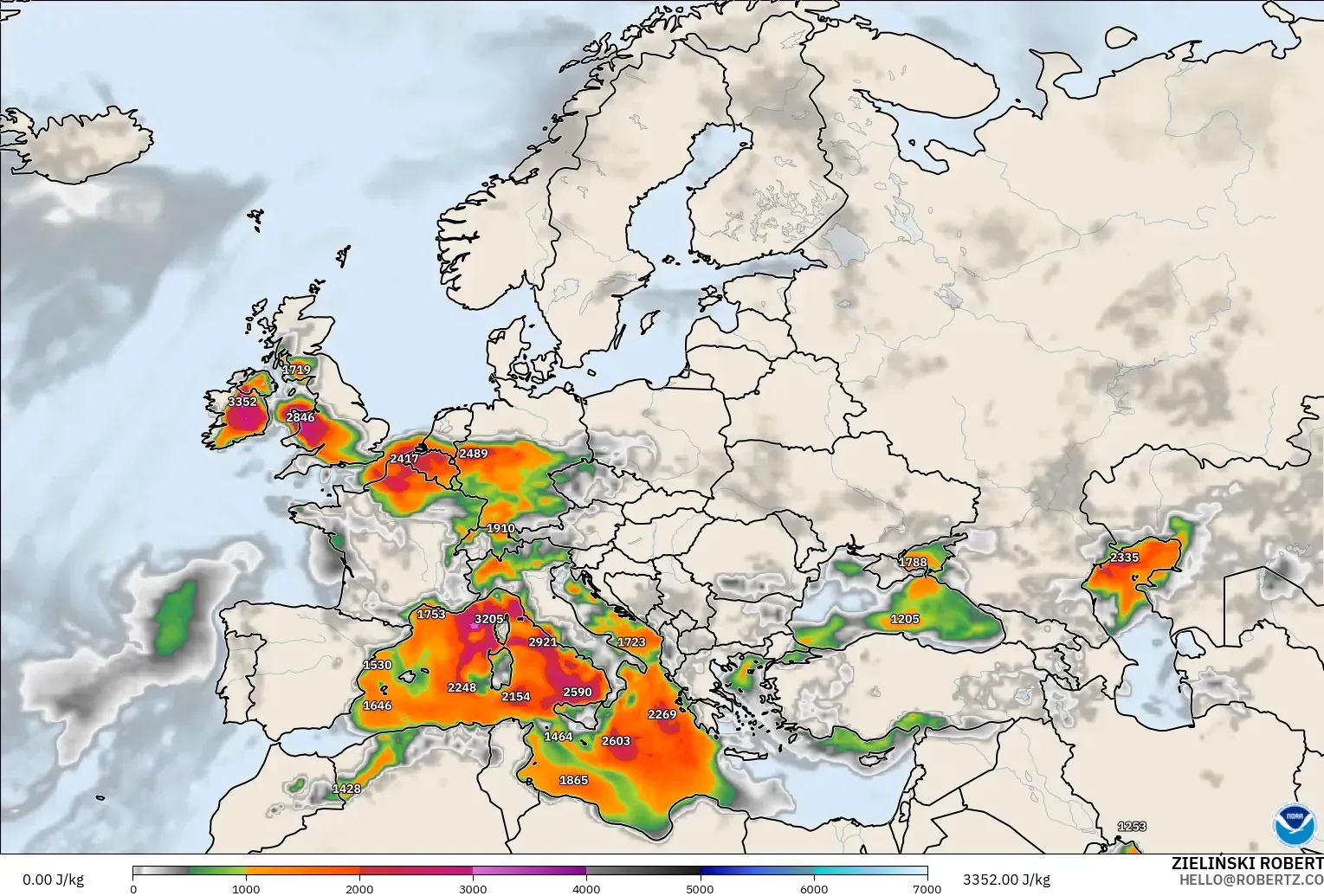 GFS model - Europe, CAPE
