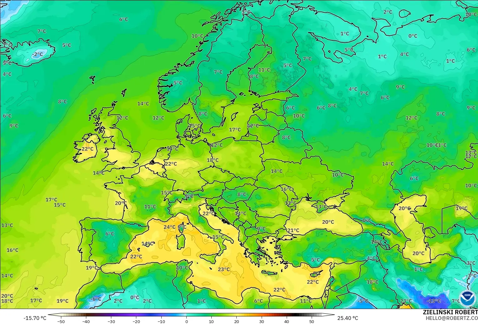 GFS model - Europe, Dewpoint at 2m
