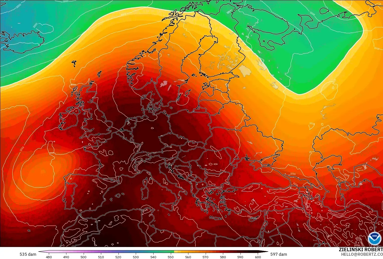 GFS model - Europe, Geopotential height at 500hPa