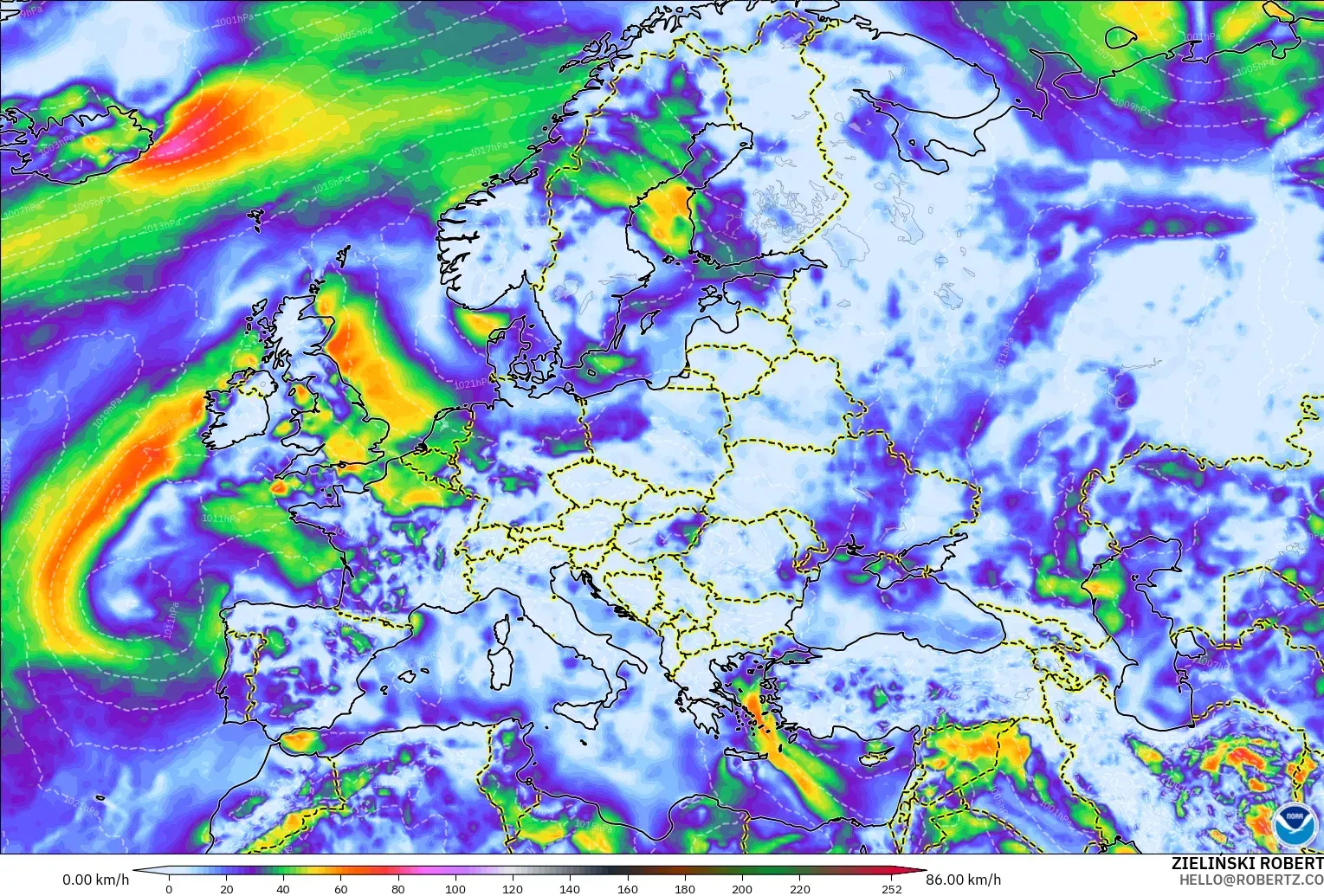 GFS model - Europe, Wind Gusts