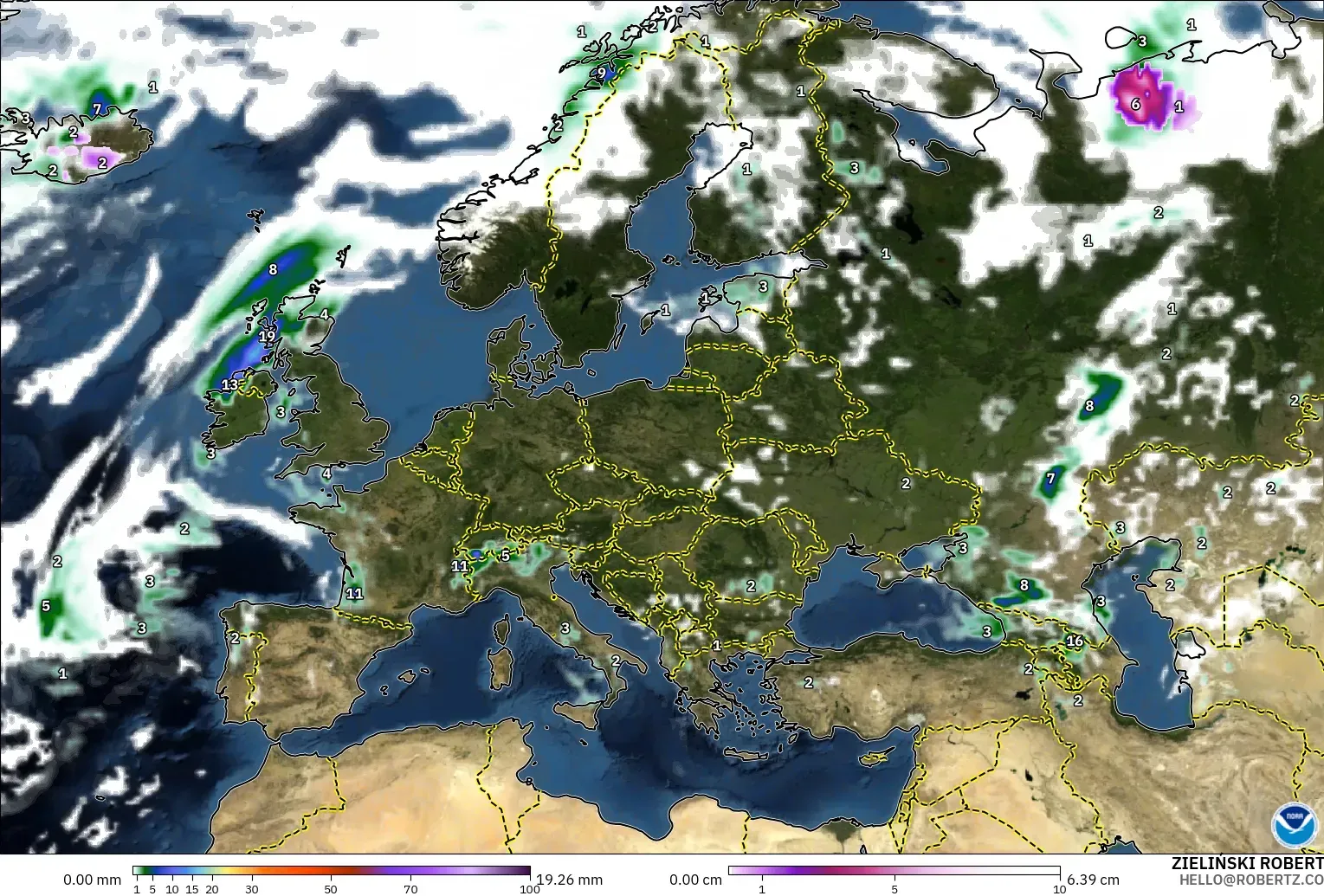GFS model - Europe, Precipitation, Clouds, and Pressure