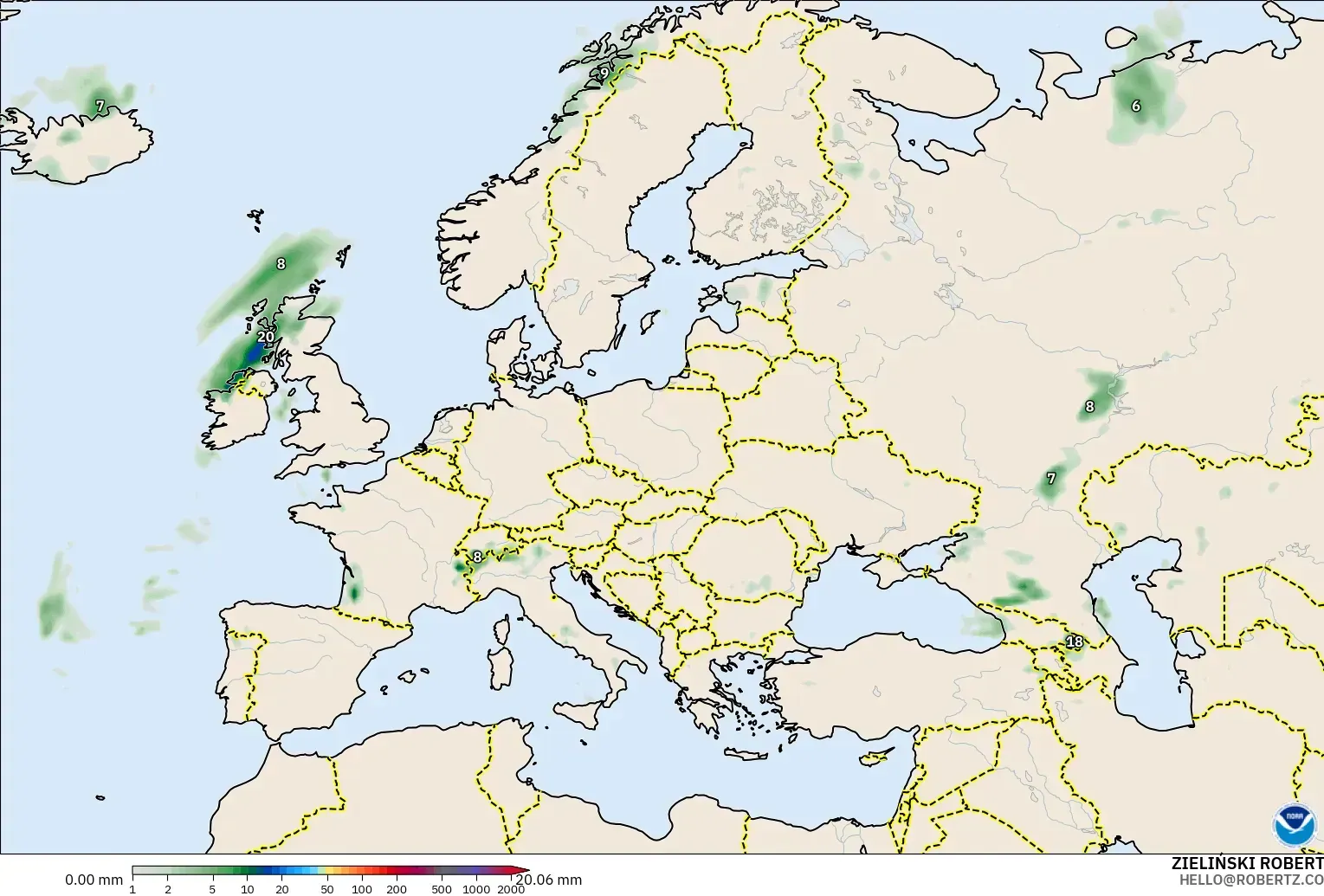 GFS model - Europe, Precipitation Accumulation