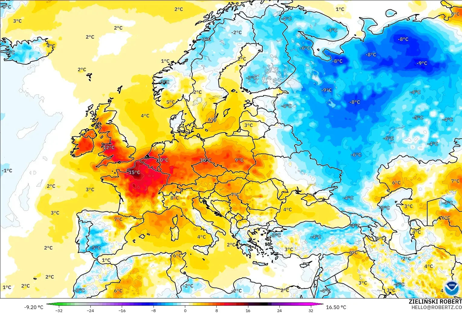 GFS model - Europe, Temperature at 2m Anomaly