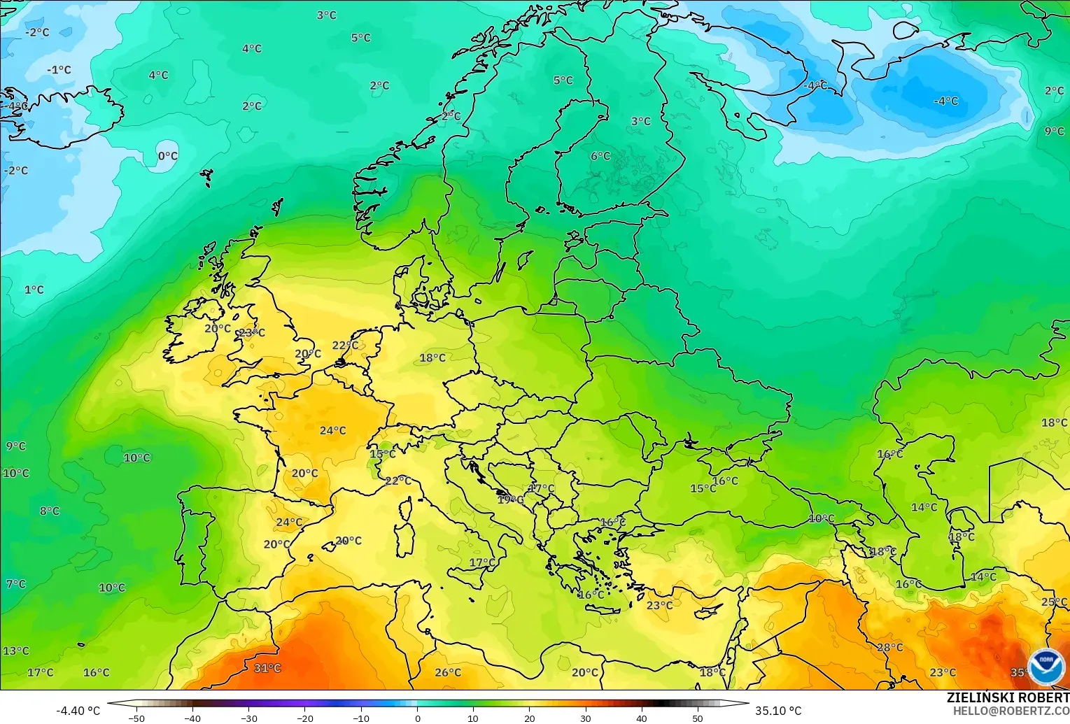 GFS model - Europe, Temperature at 850hPa