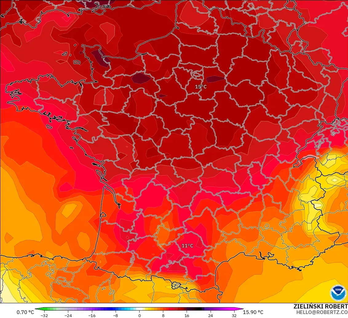 GFS model - France, Temperature at 850hPa Anomaly