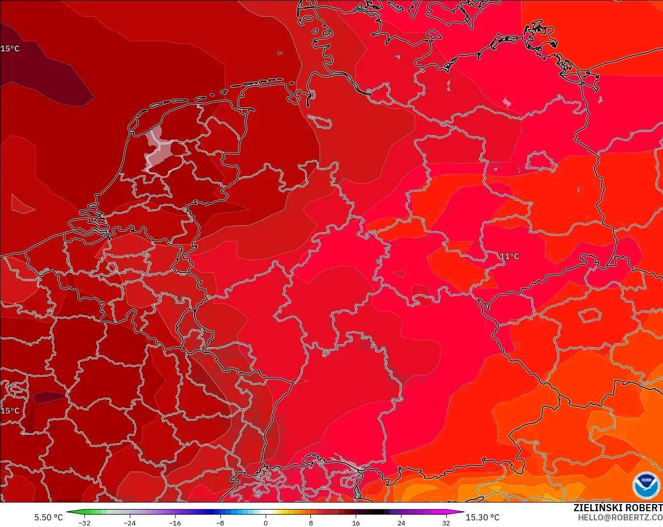 GFS model - Germany, Temperature at 850hPa Anomaly