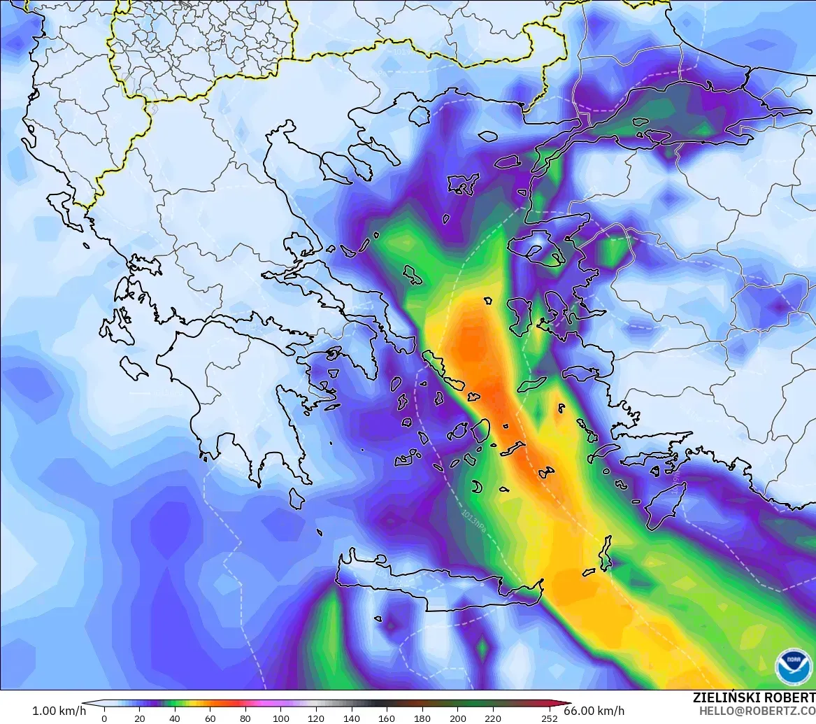 GFS model - Greece, Wind Gusts Peak