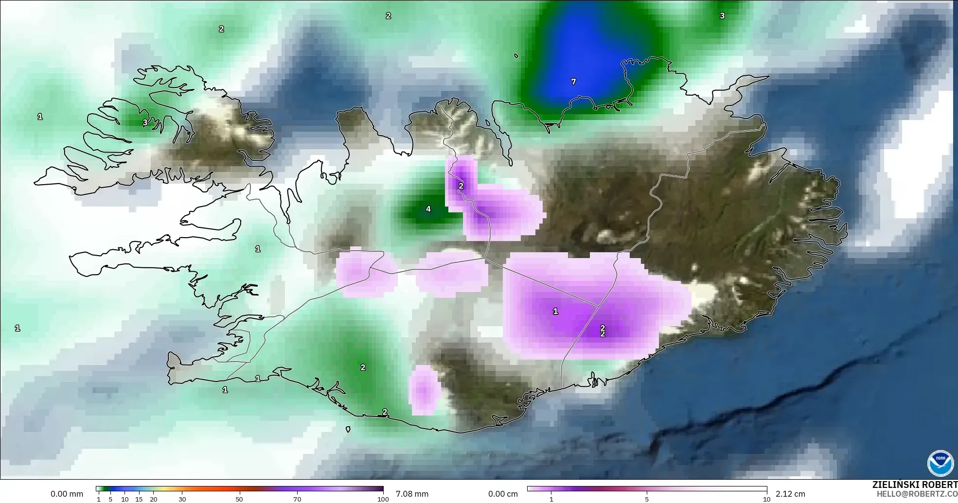 GFS model - Iceland, Precipitation, Clouds, and Pressure