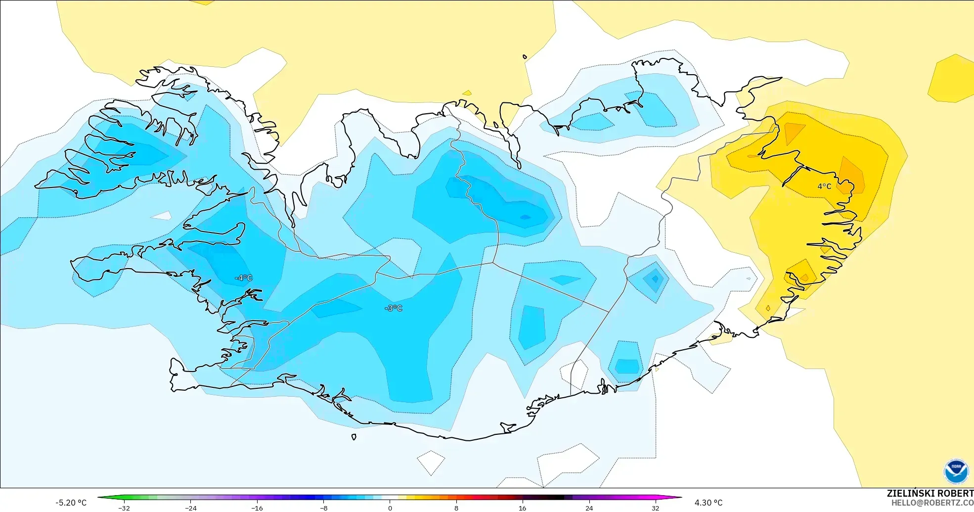 GFS model - Iceland, Temperature at 2m Anomaly
