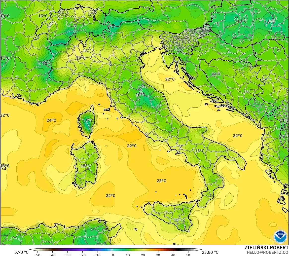 GFS model - Italy, Dewpoint at 2m