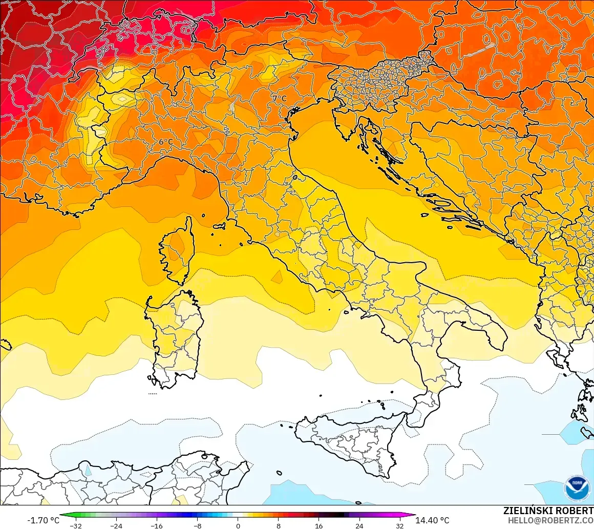 GFS model - Italy, Temperature at 850hPa Anomaly