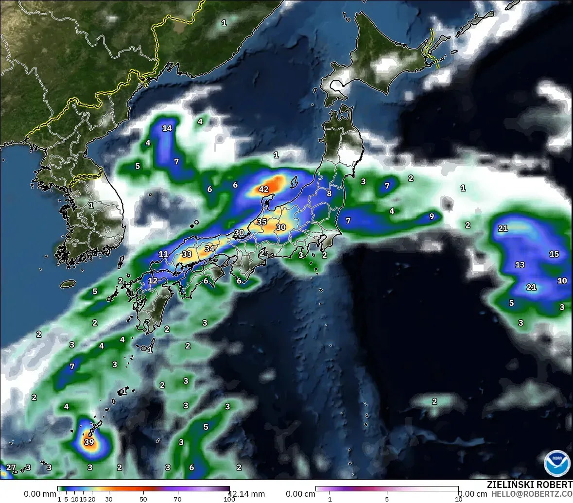 GFS model - Japan, Precipitation, Clouds, and Pressure