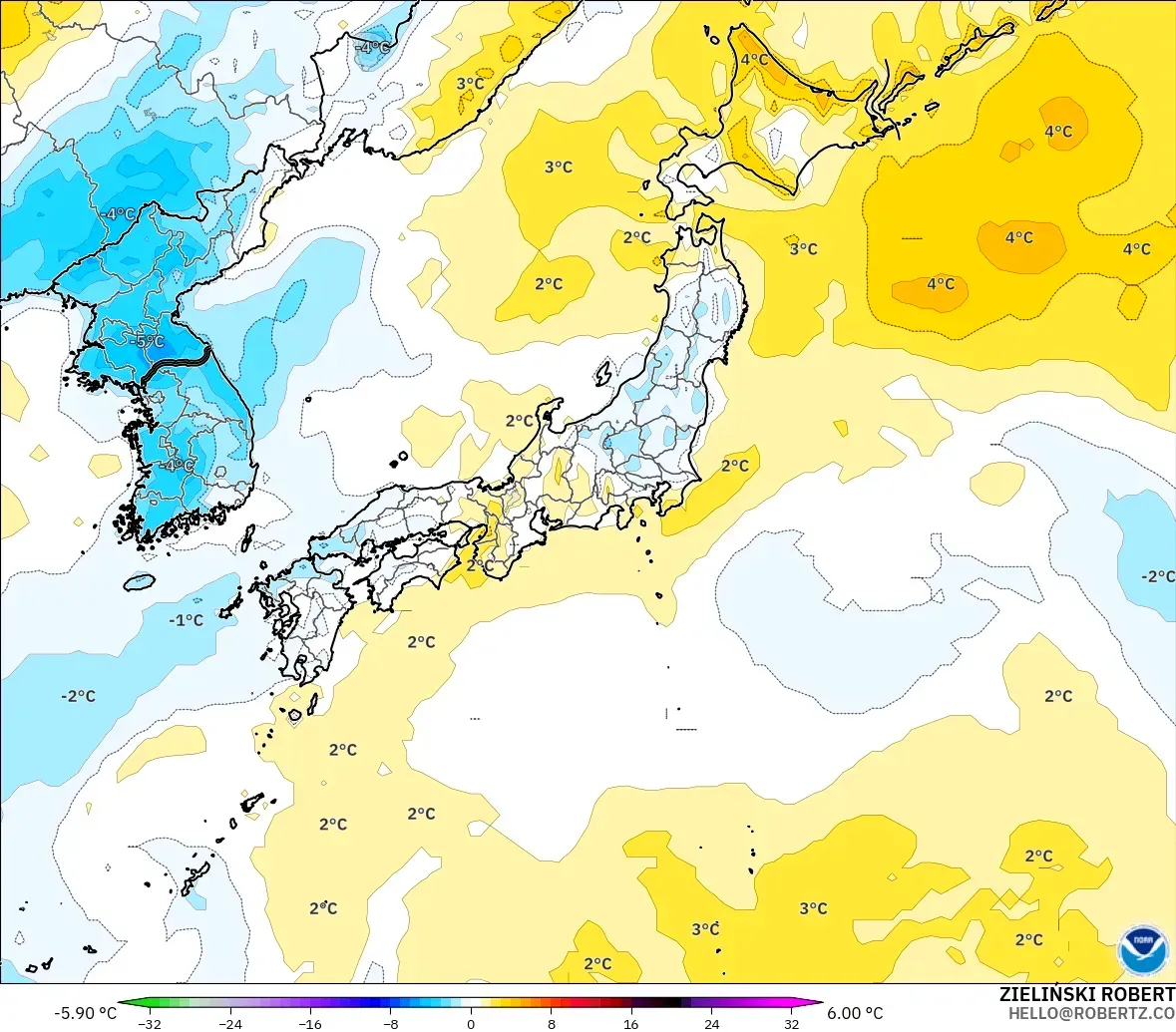 GFS model - Japan, Temperature at 2m Anomaly