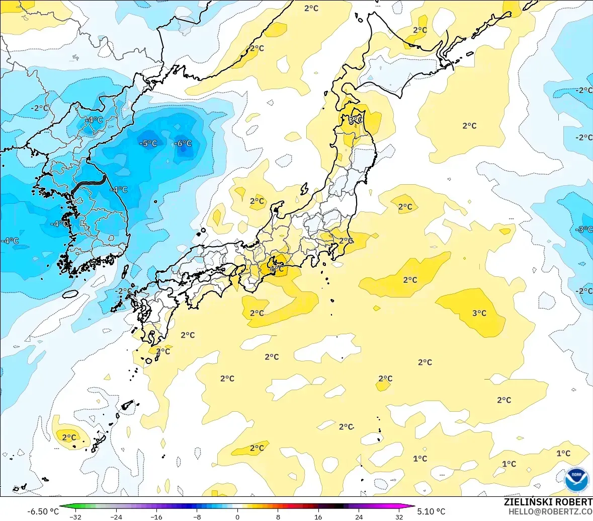 GFS model - Japan, Temperature at 850hPa Anomaly