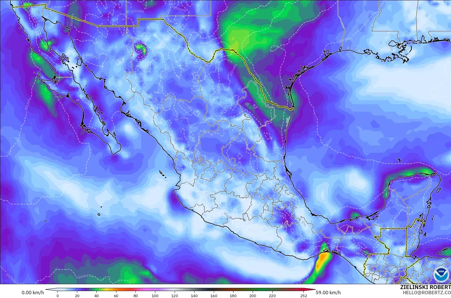 GFS model - Mexico, Wind Gusts Peak