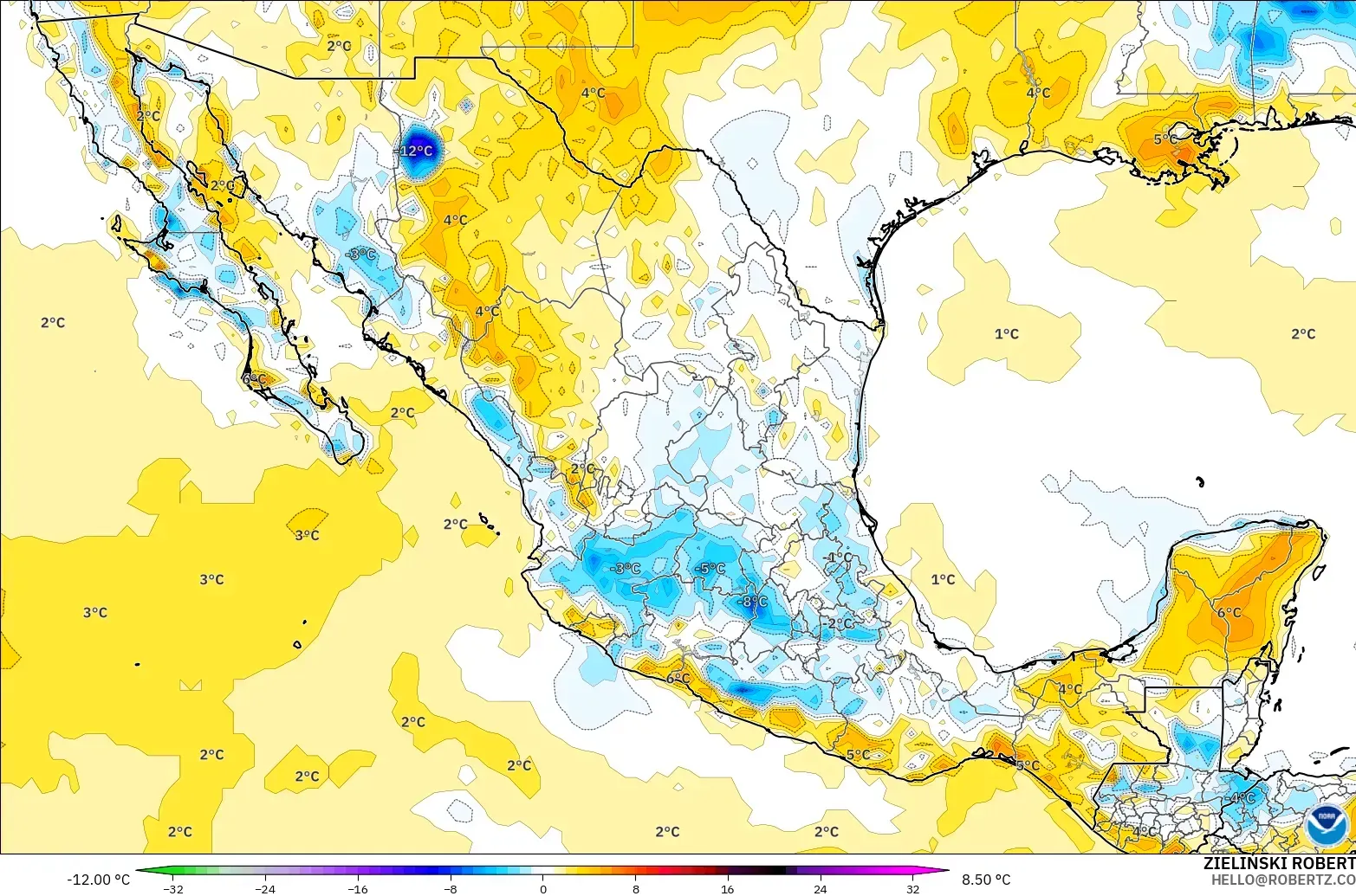 GFS model - Mexico, Temperature at 2m Anomaly