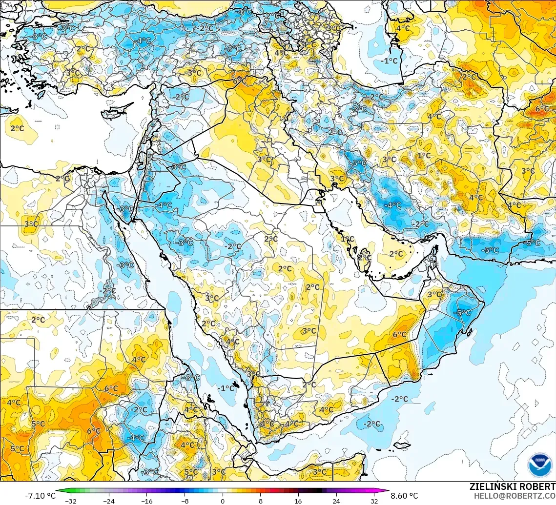 GFS model - Middle East, Temperature at 2m Anomaly