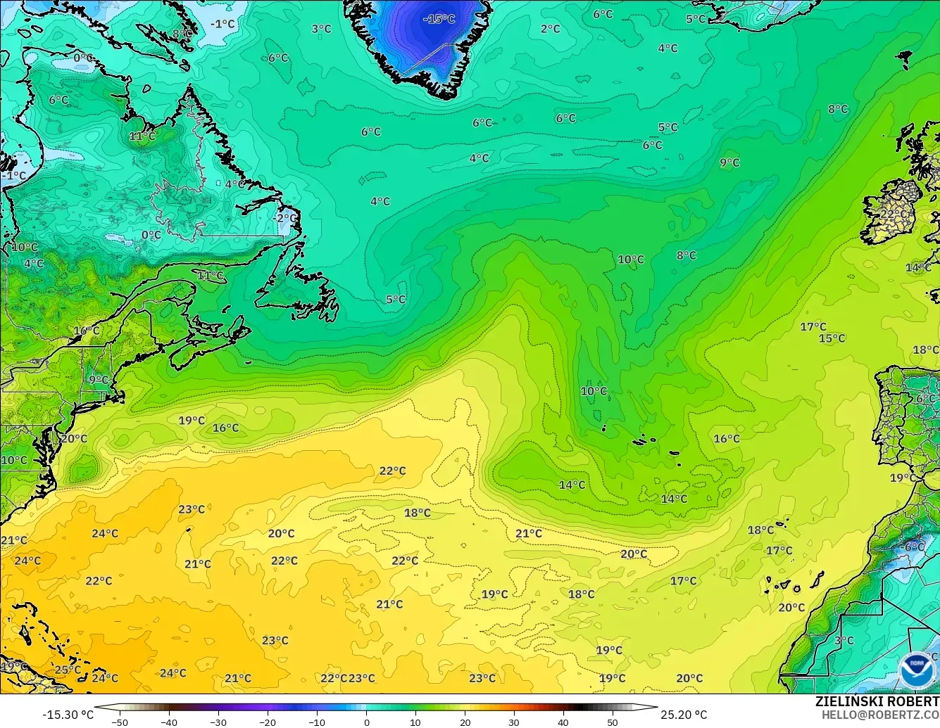 GFS model - North Atlantic, Dewpoint at 2m