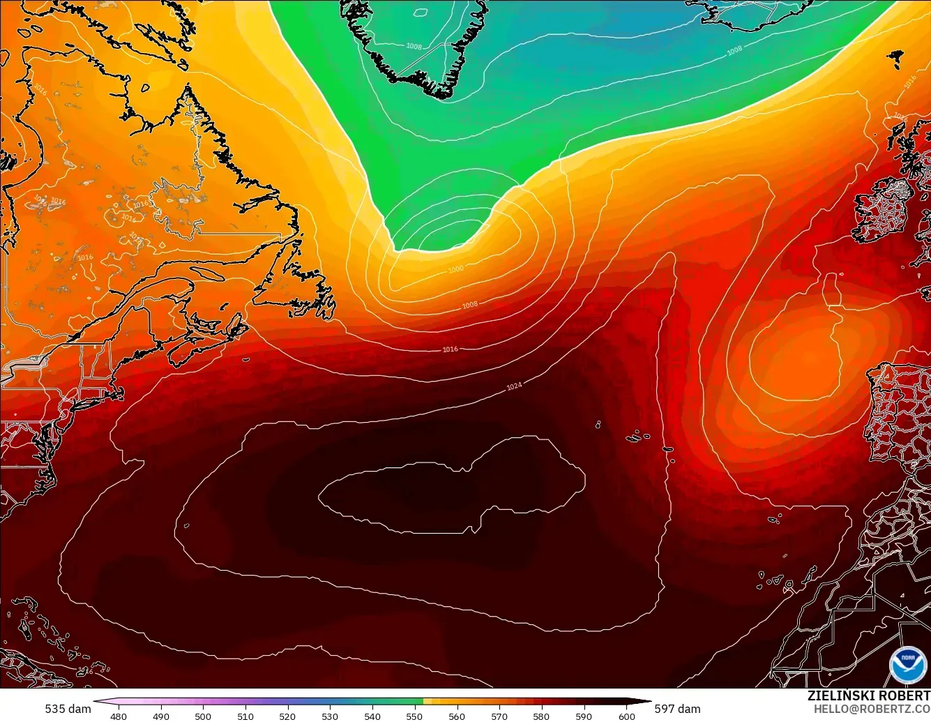 GFS model - North Atlantic, Geopotential height at 500hPa