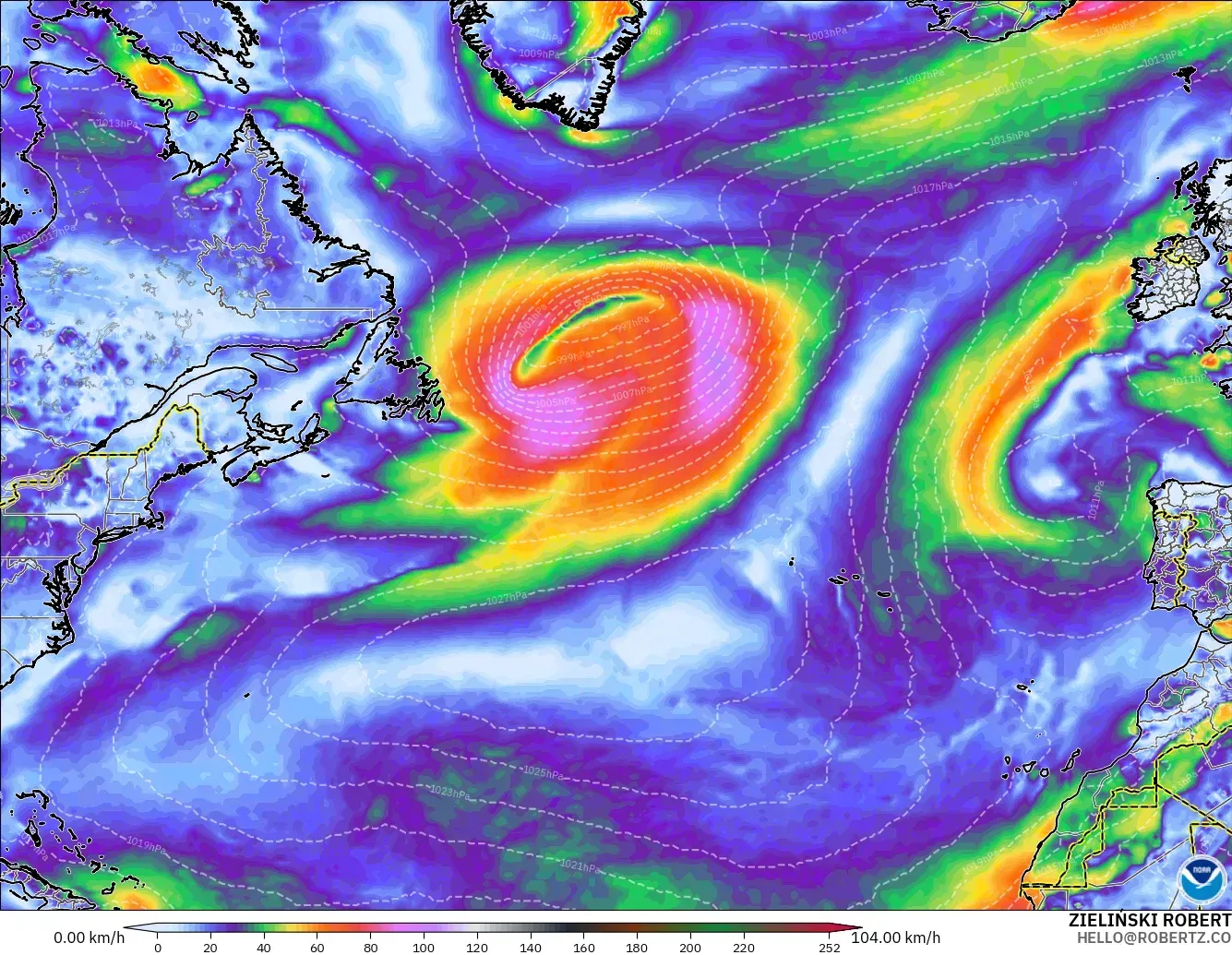 GFS model - North Atlantic, Wind Gusts Peak
