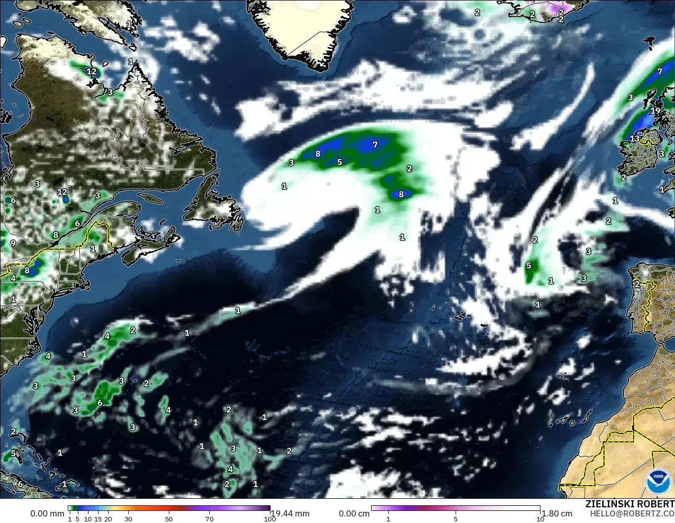 GFS model - North Atlantic, Precipitation, Clouds, and Pressure