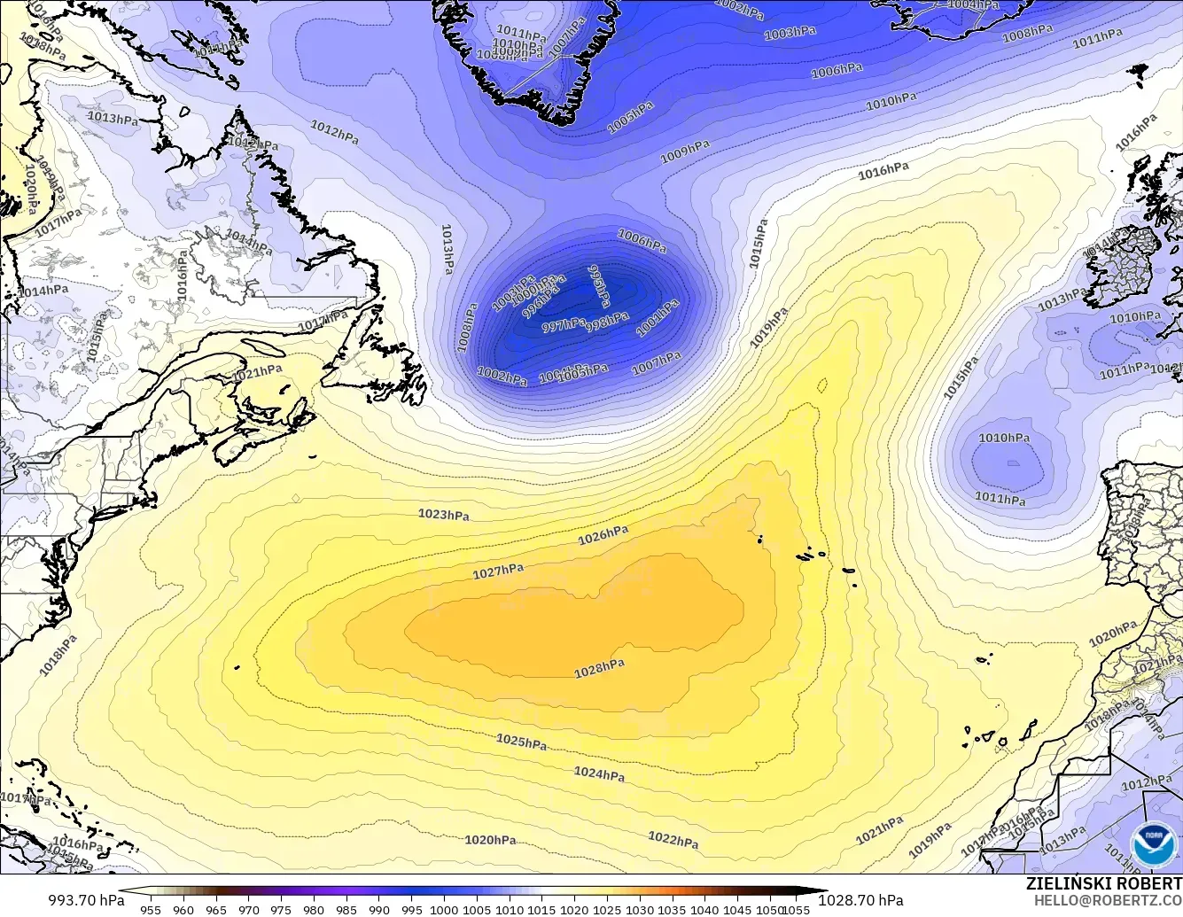GFS model - North Atlantic, Pressure