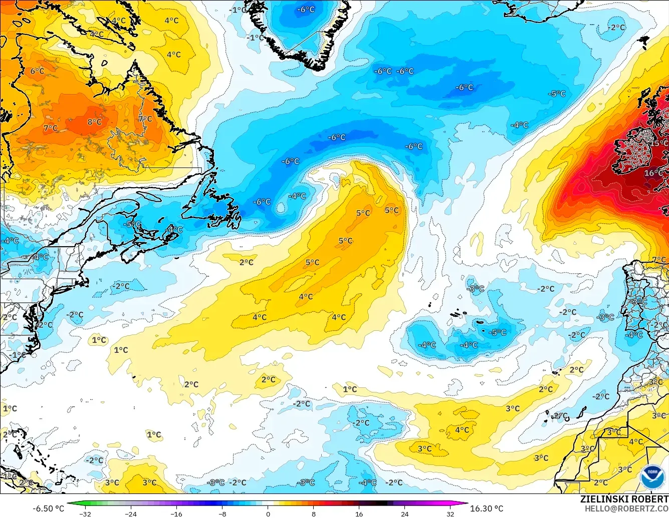 GFS model - North Atlantic, Temperature at 850hPa Anomaly