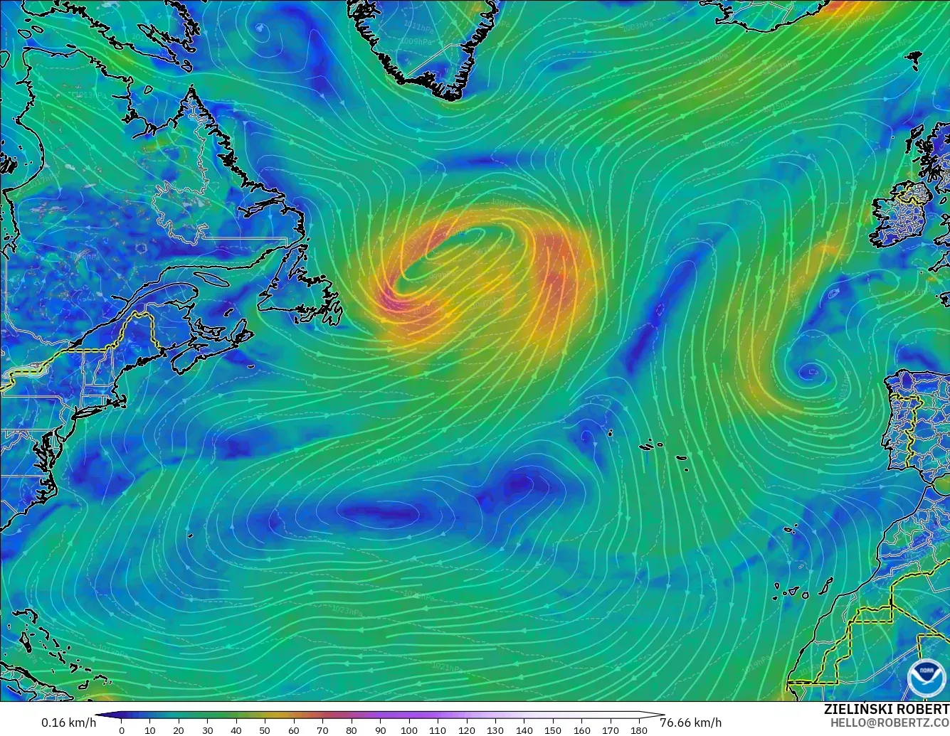 GFS model - North Atlantic, Wind at 10m