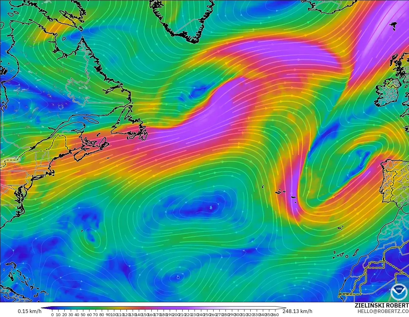GFS model - North Atlantic, Wind at 300hPa (jet stream)