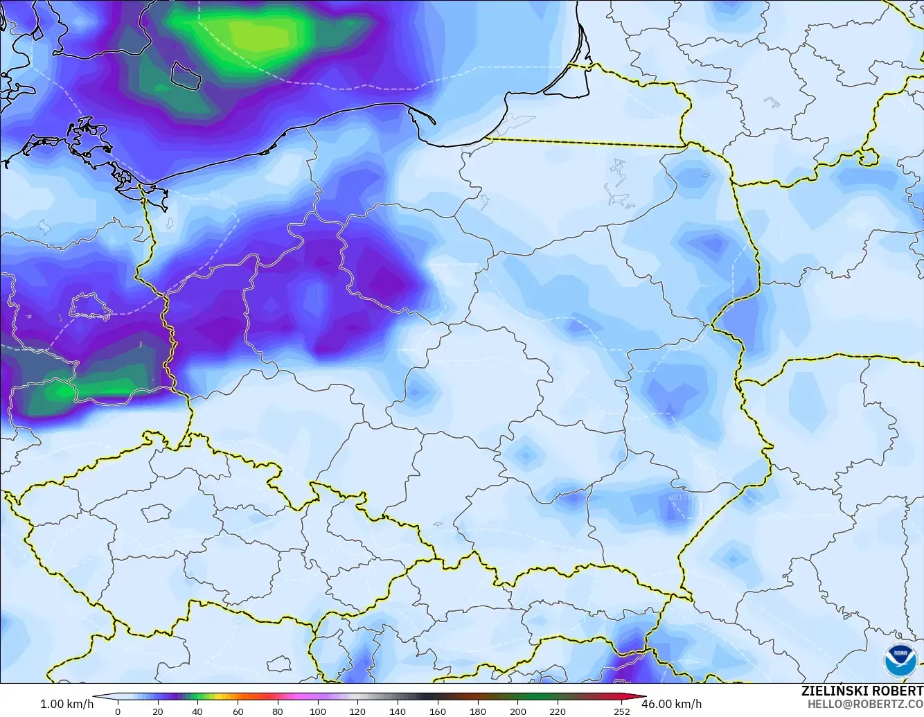 GFS model - Poland, Wind Gusts