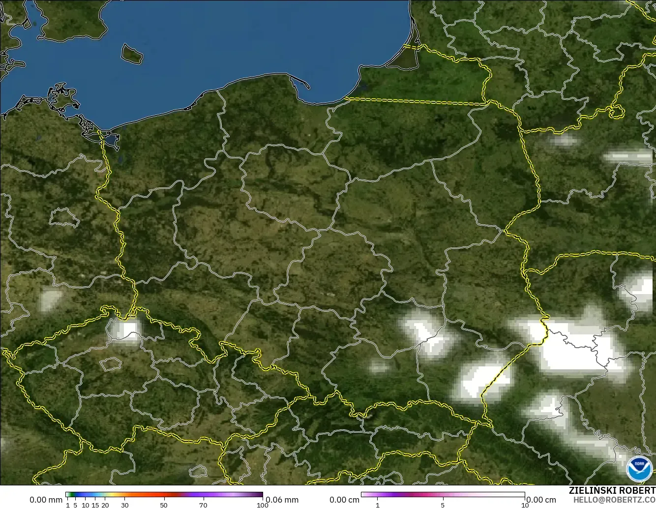 GFS model - Poland, Precipitation, Clouds, and Pressure