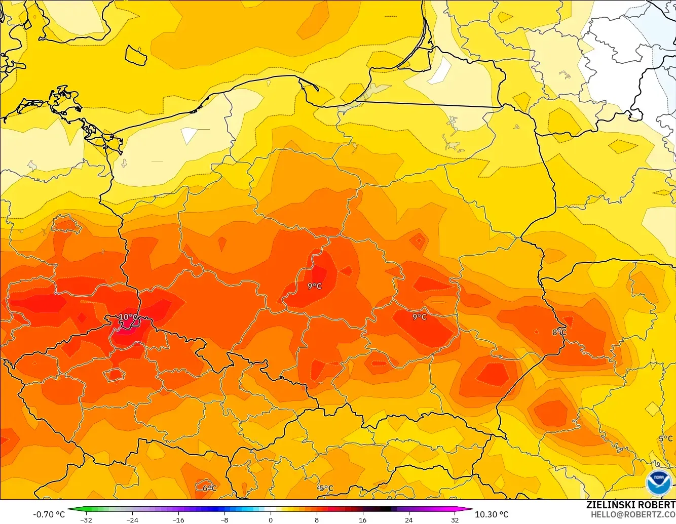 GFS model - Poland, Temperature at 2m Anomaly