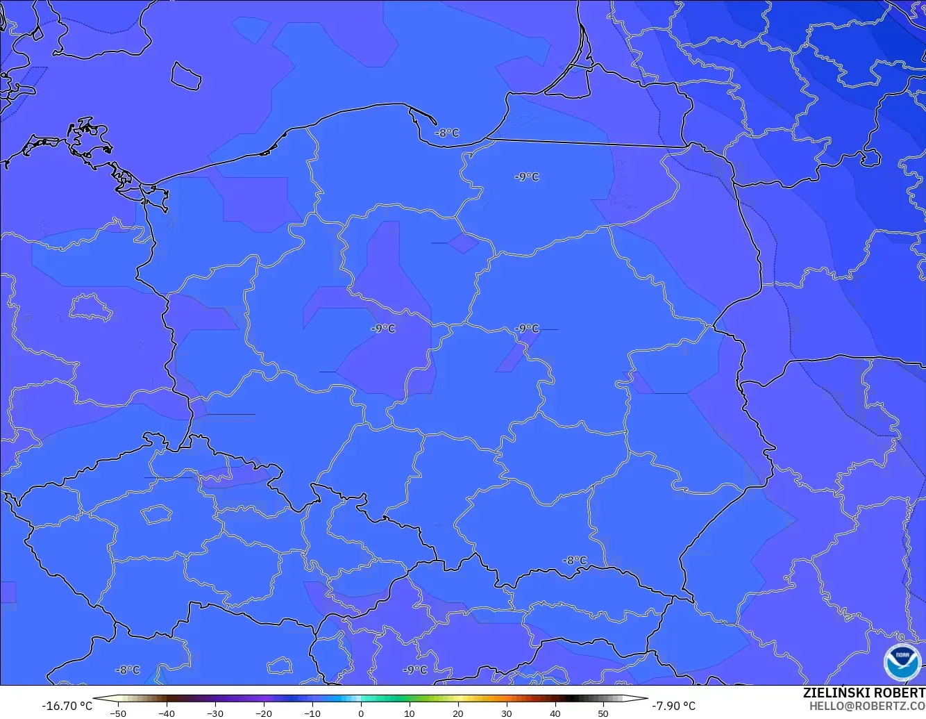 GFS model - Poland, Temperature at 500hPa