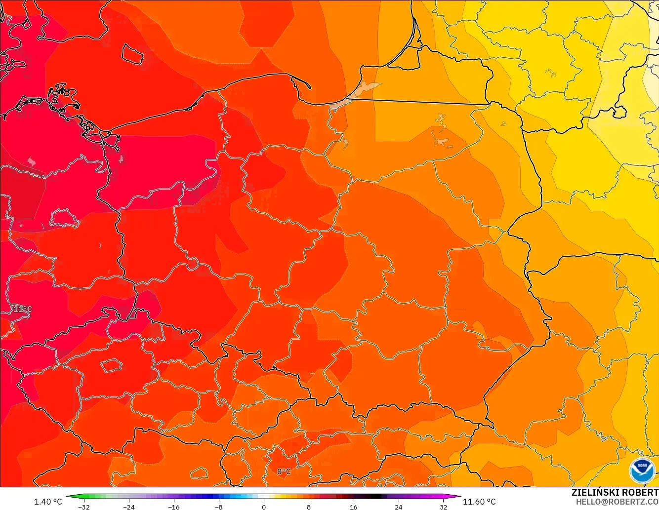GFS model - Poland, Temperature at 850hPa Anomaly