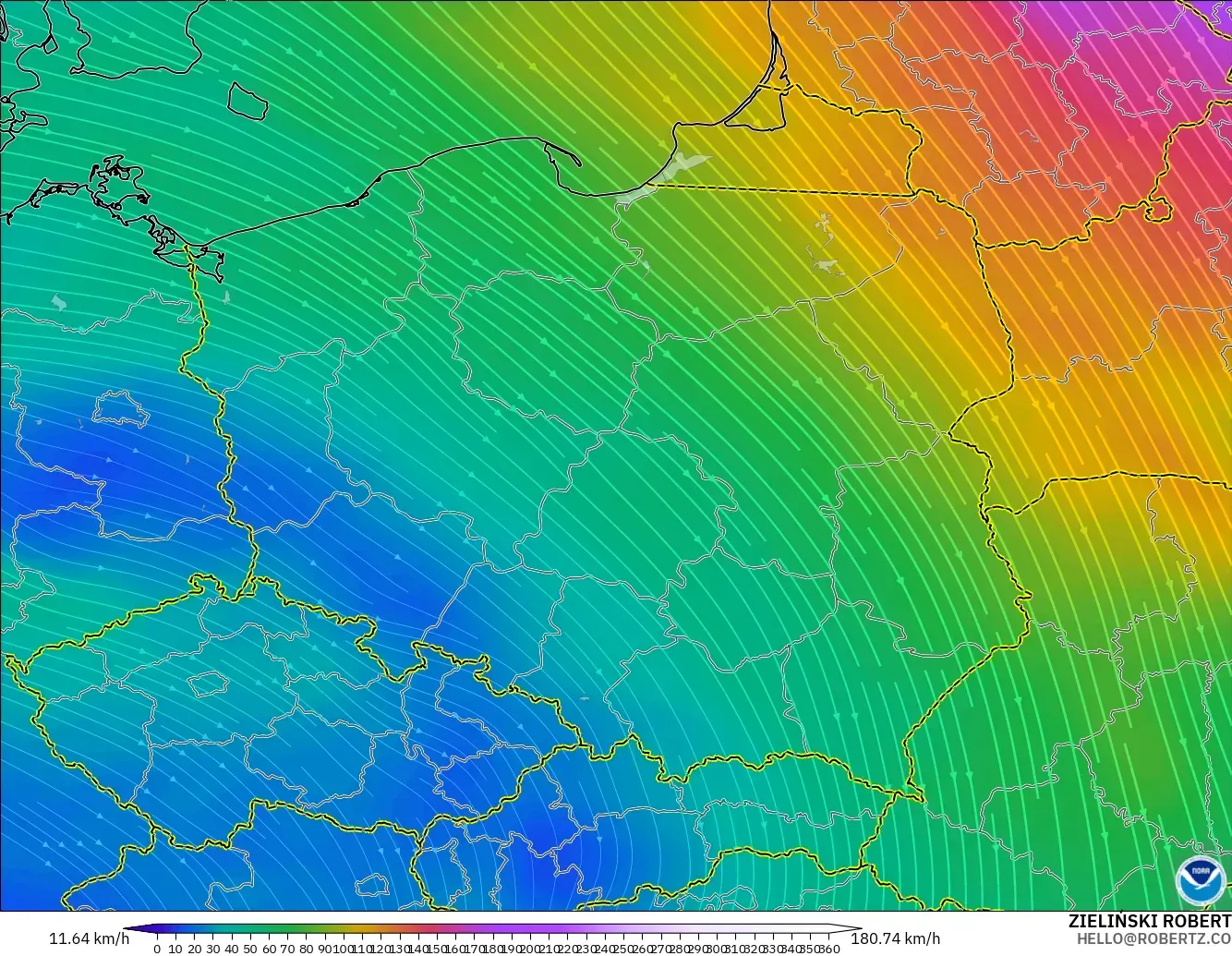 GFS model - Poland, Wind at 300hPa (jet stream)