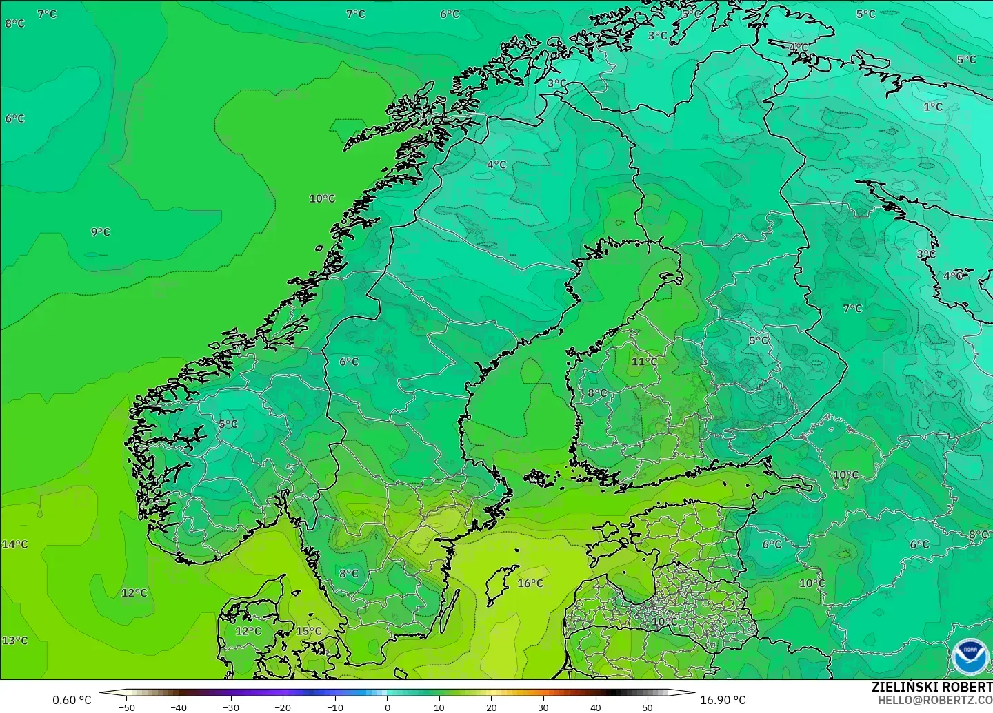 GFS model - Scandinavia, Dewpoint at 2m