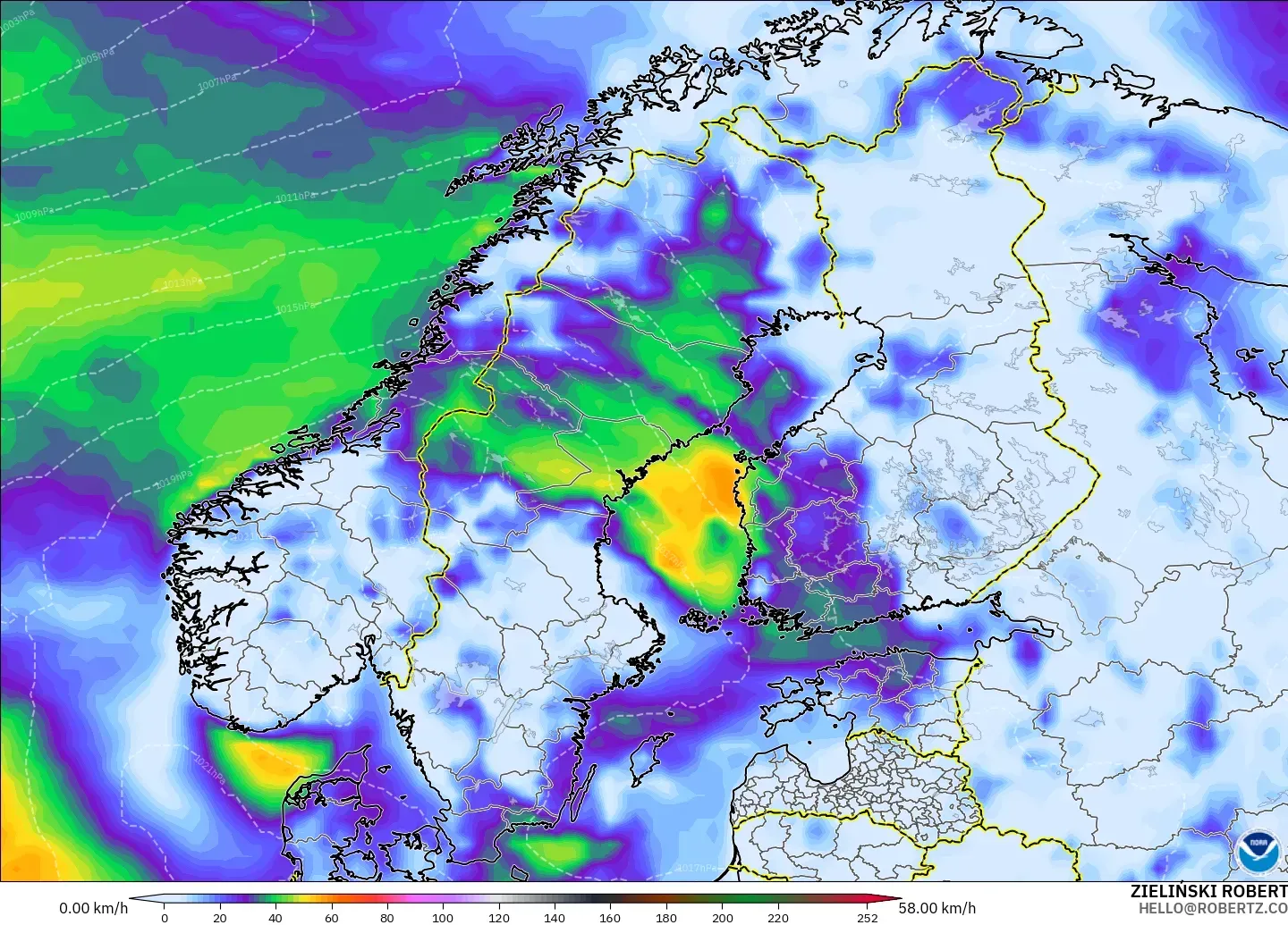 GFS model - Scandinavia, Wind Gusts Peak