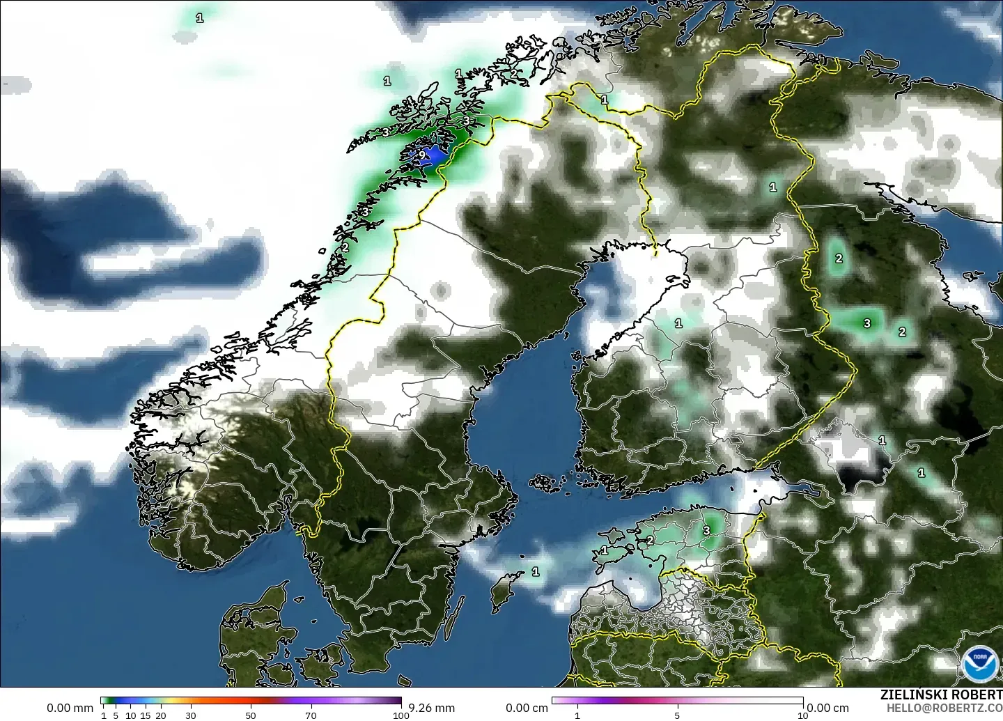 GFS model - Scandinavia, Precipitation, Clouds, and Pressure