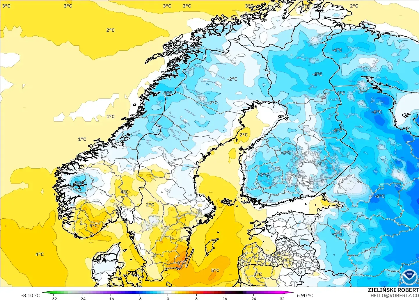 GFS model - Scandinavia, Temperature at 2m Anomaly